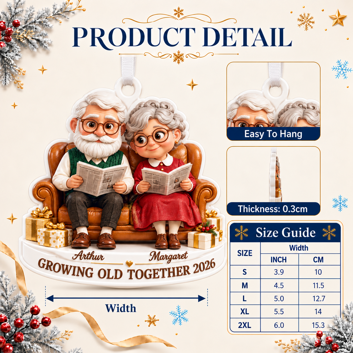 Elderly Couple on Couch Christmas Holiday Keepsake - 3D Relief Ornament