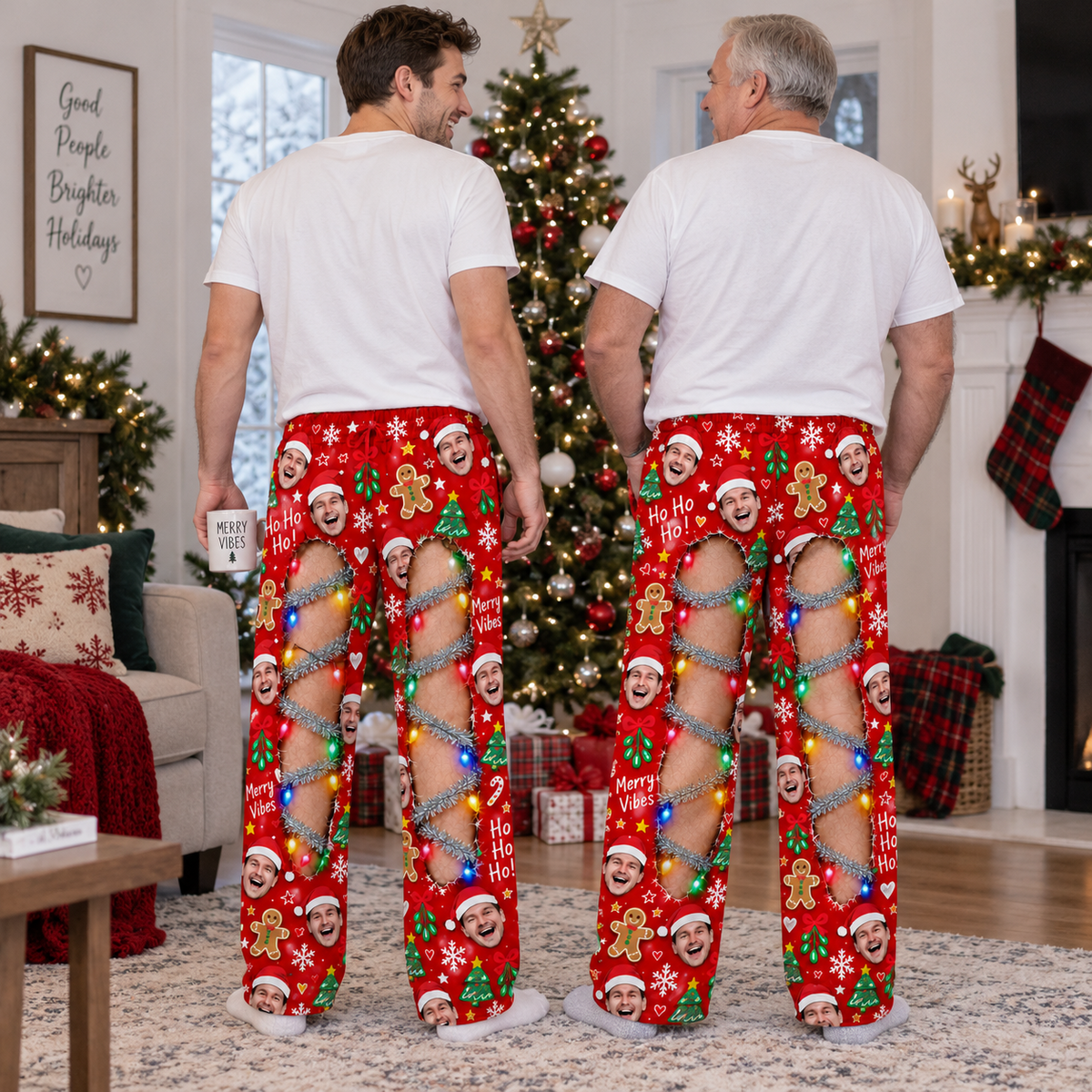Christmas Pajama Pants Ripped Leg Holiday Lights Lounge Bottoms