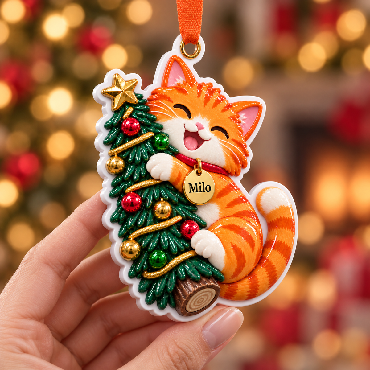 Orange Tabby Cat Hugging Christmas Tree Holiday Keepsake - 3D Relief Ornament