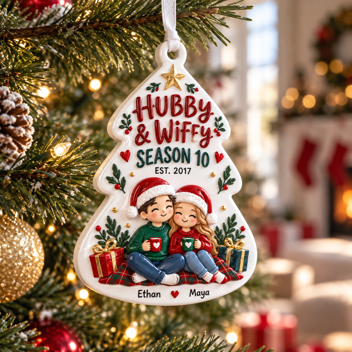 White Hubby and Wifey Christmas Tree Shaped Couple Holiday Keepsake - 3D Relief Ornament