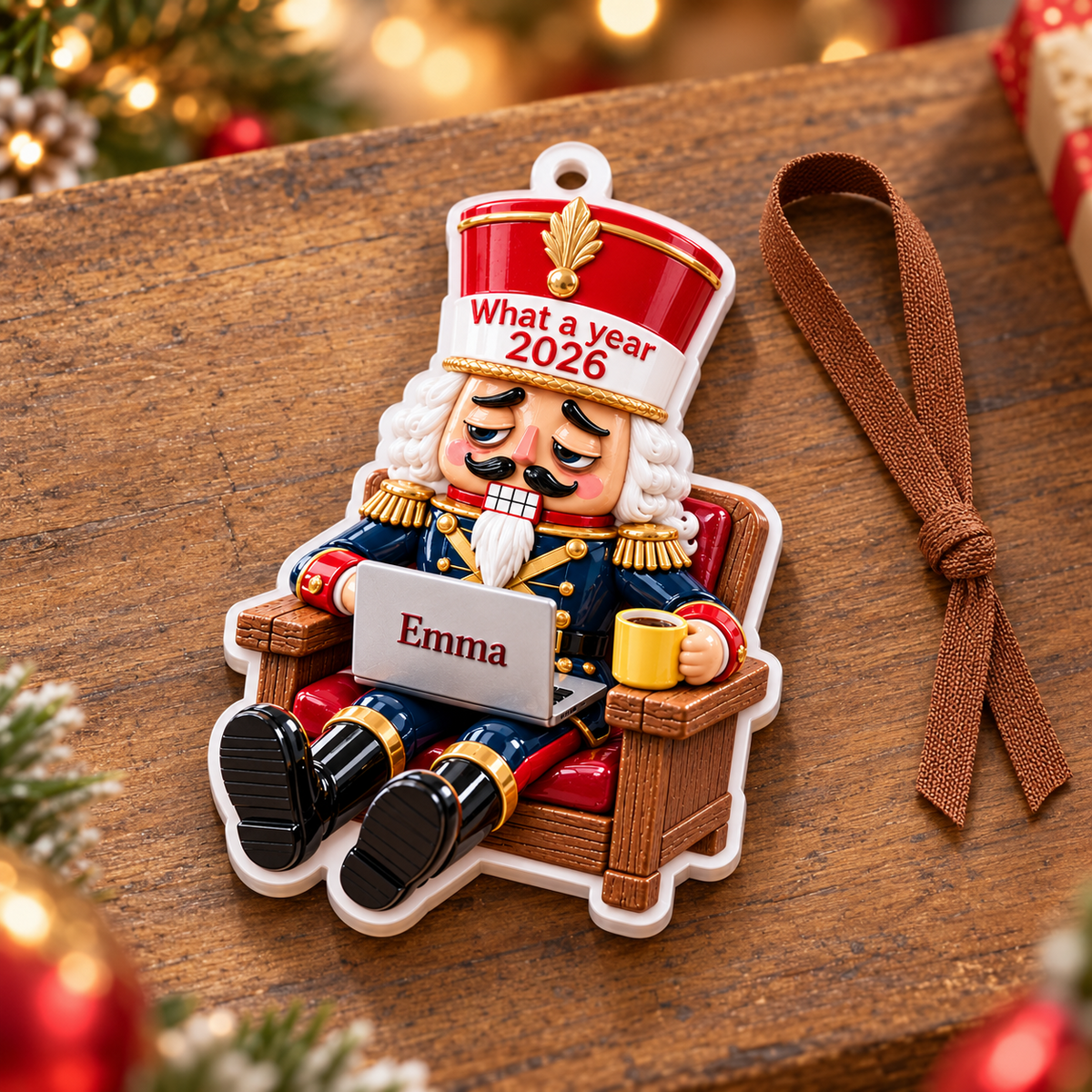 Tired Nutcracker Working from Home in Armchair Acrylic Christmas Tree Hanging Decor - 3D Relief Ornament