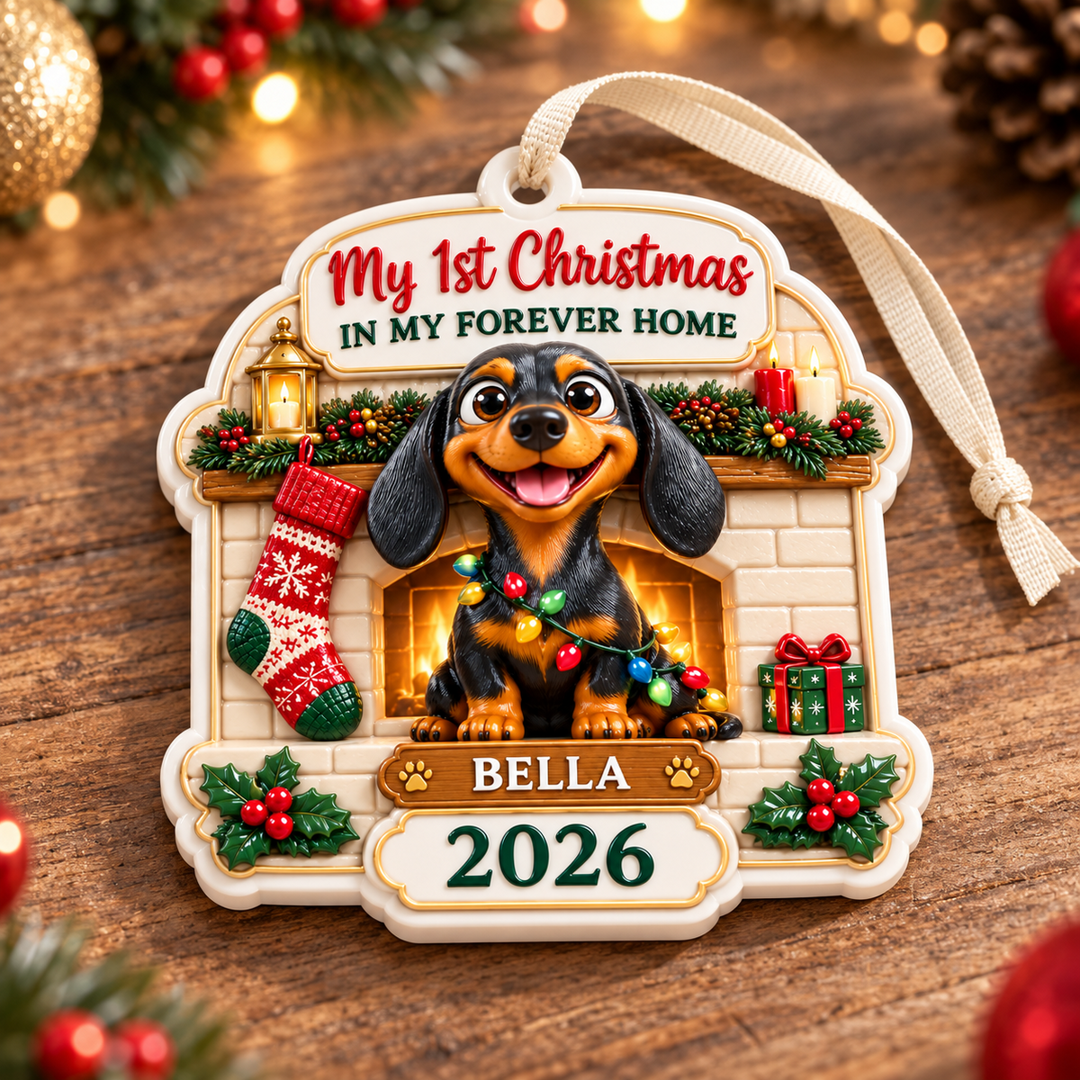 Dachshund Puppy by Fireplace First Christmas Dog Tag Keepsake - 3D Relief Ornament