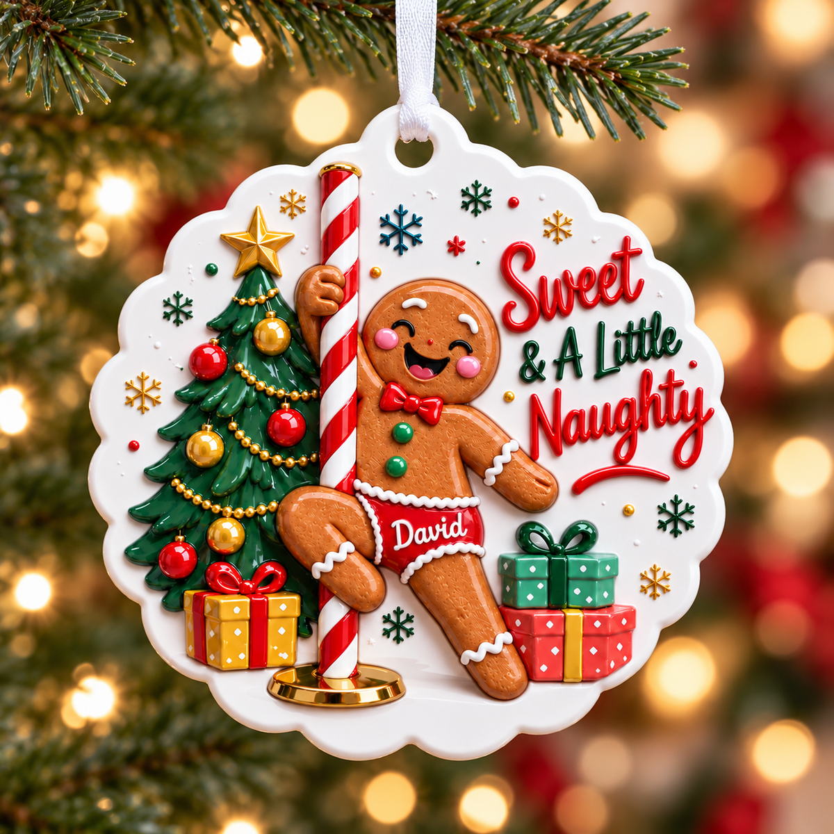 Pole Dancing Gingerbread Man Holiday Acrylic Medallion - 3D Relief Ornament