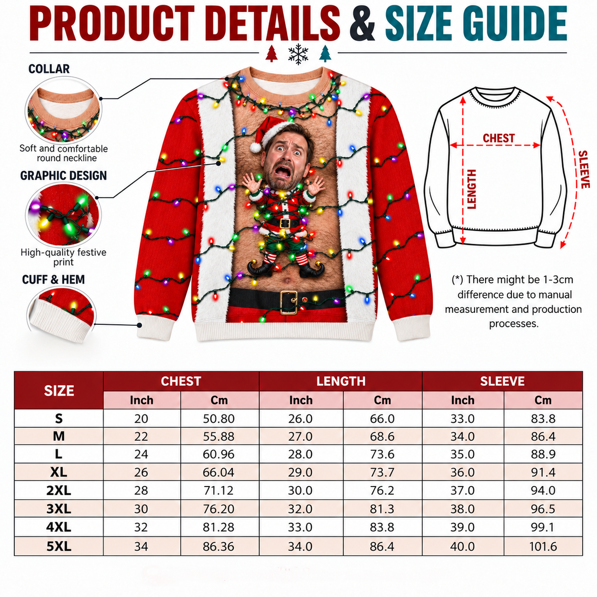 Ugly Christmas Sweatshirt with Hairy Chest and Holiday Elf Graphic