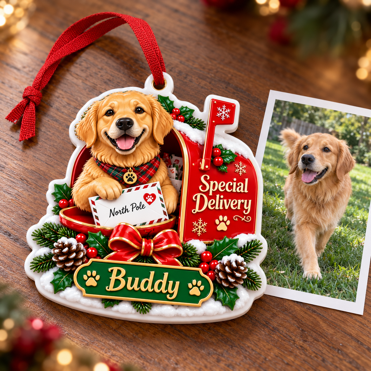 Golden Retriever Dog Christmas Mailbox Special Delivery - 3D Relief Ornament