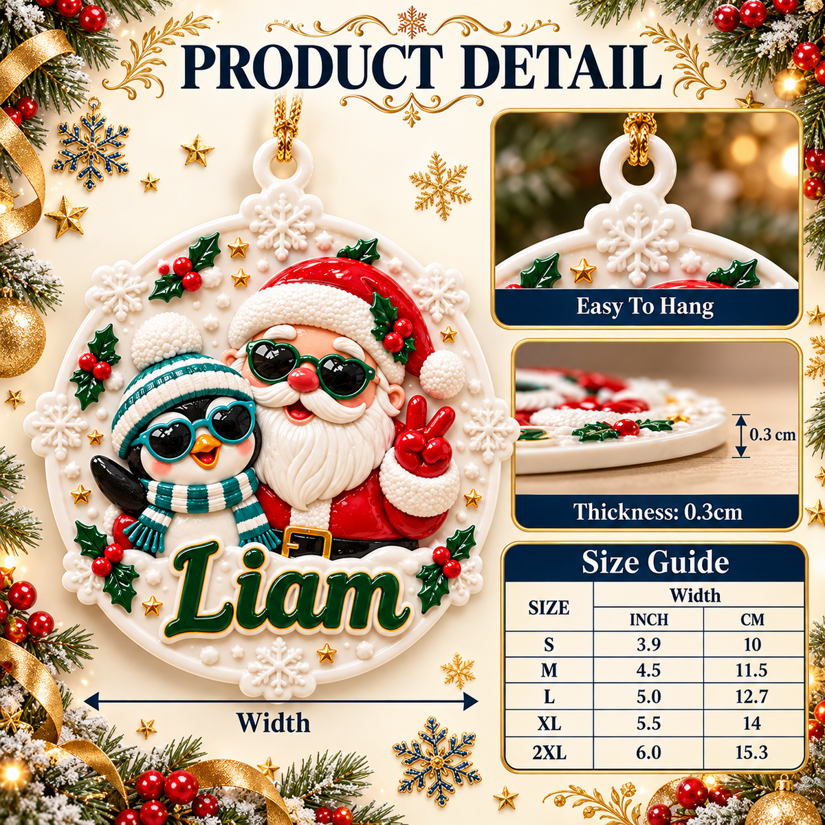 Santa Claus and Penguin Snowflake Holiday Medallion - 3D Relief Ornament