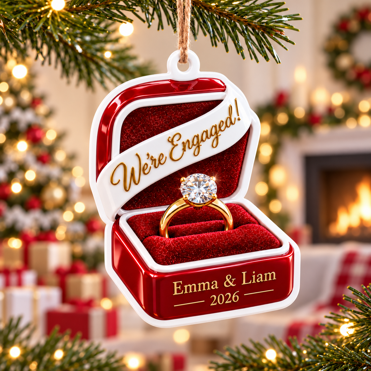 We're Engaged Red Velvet Ring Box Christmas Tree Keepsake - 3D Relief Ornament