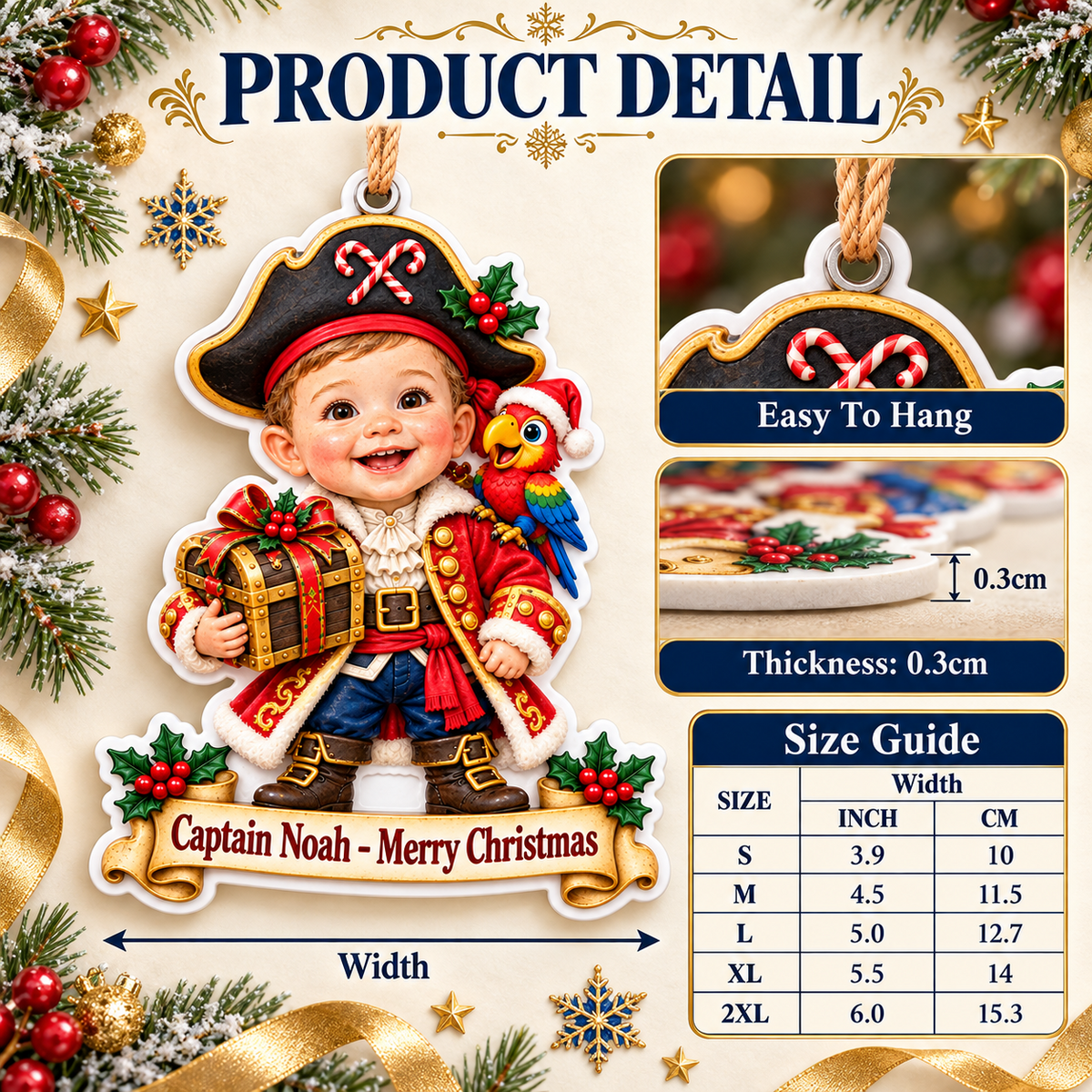 Little Pirate Boy with Parrot and Treasure Chest Acrylic Hanging Holiday - 3D Relief Ornament