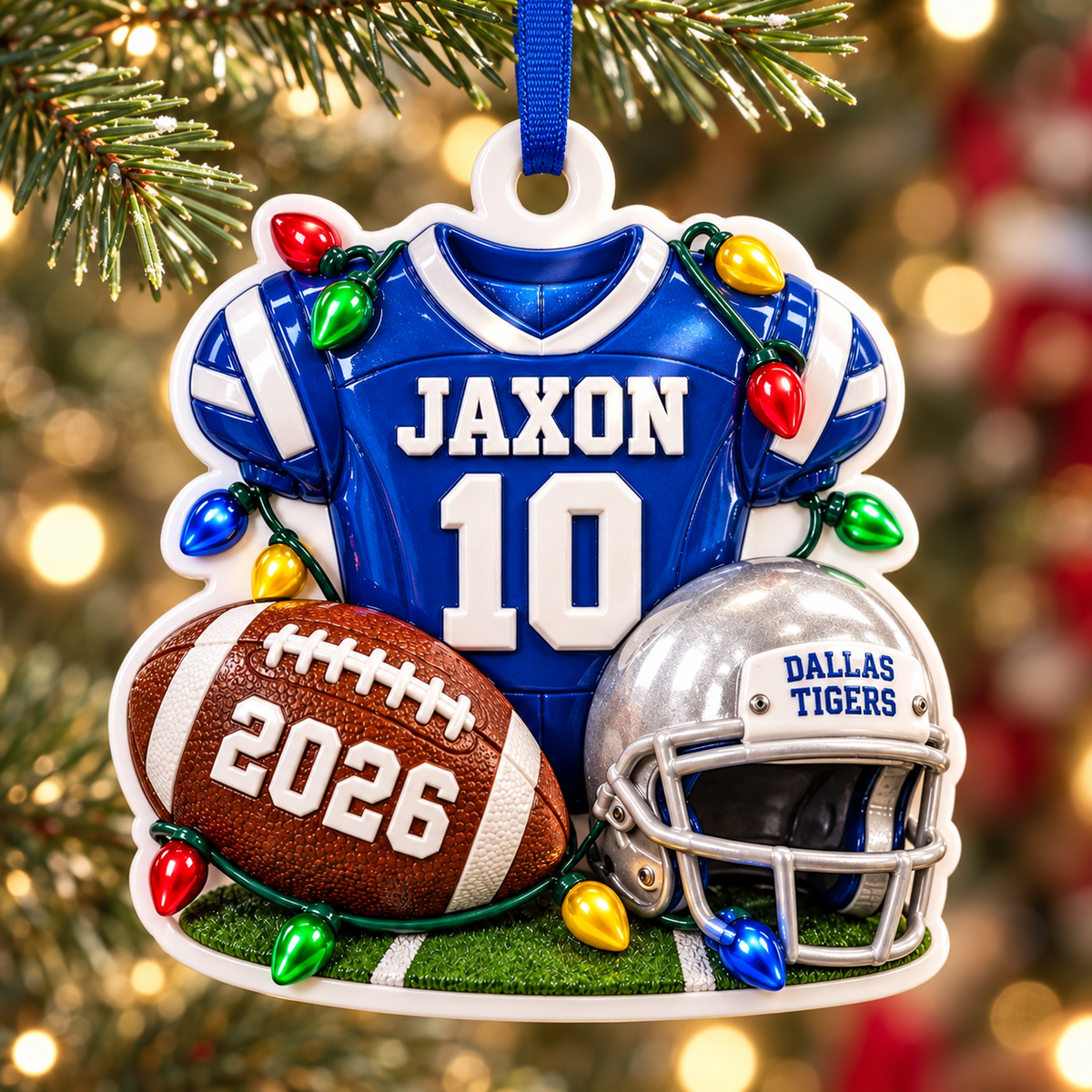 Blue Football Jersey Helmet and Ball Holiday Tree Hanging Decor with String Lights - 3D Relief Ornament