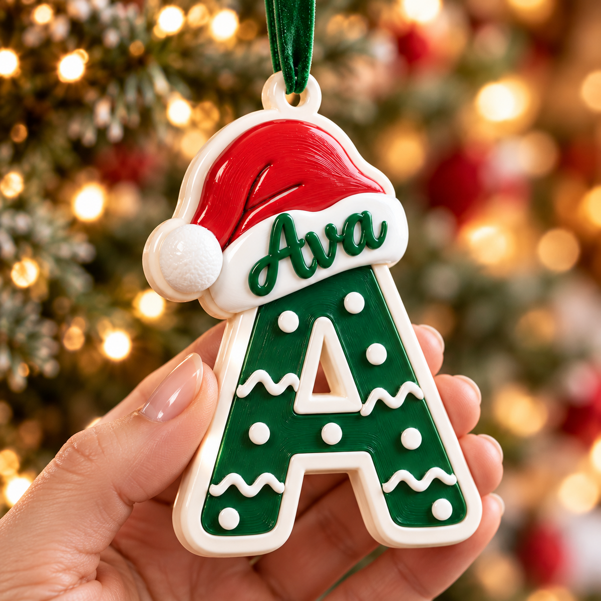 Christmas Letter A Monogram with Santa Hat, Green and White Holiday Tree Hanging - 3D Relief Ornament