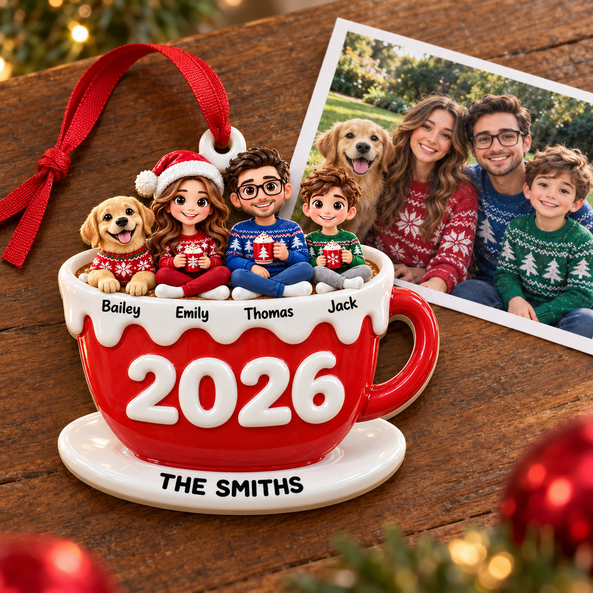 Family of Three with Dog in Hot Cocoa Mug Holiday Keepsake - 3D Relief Ornament