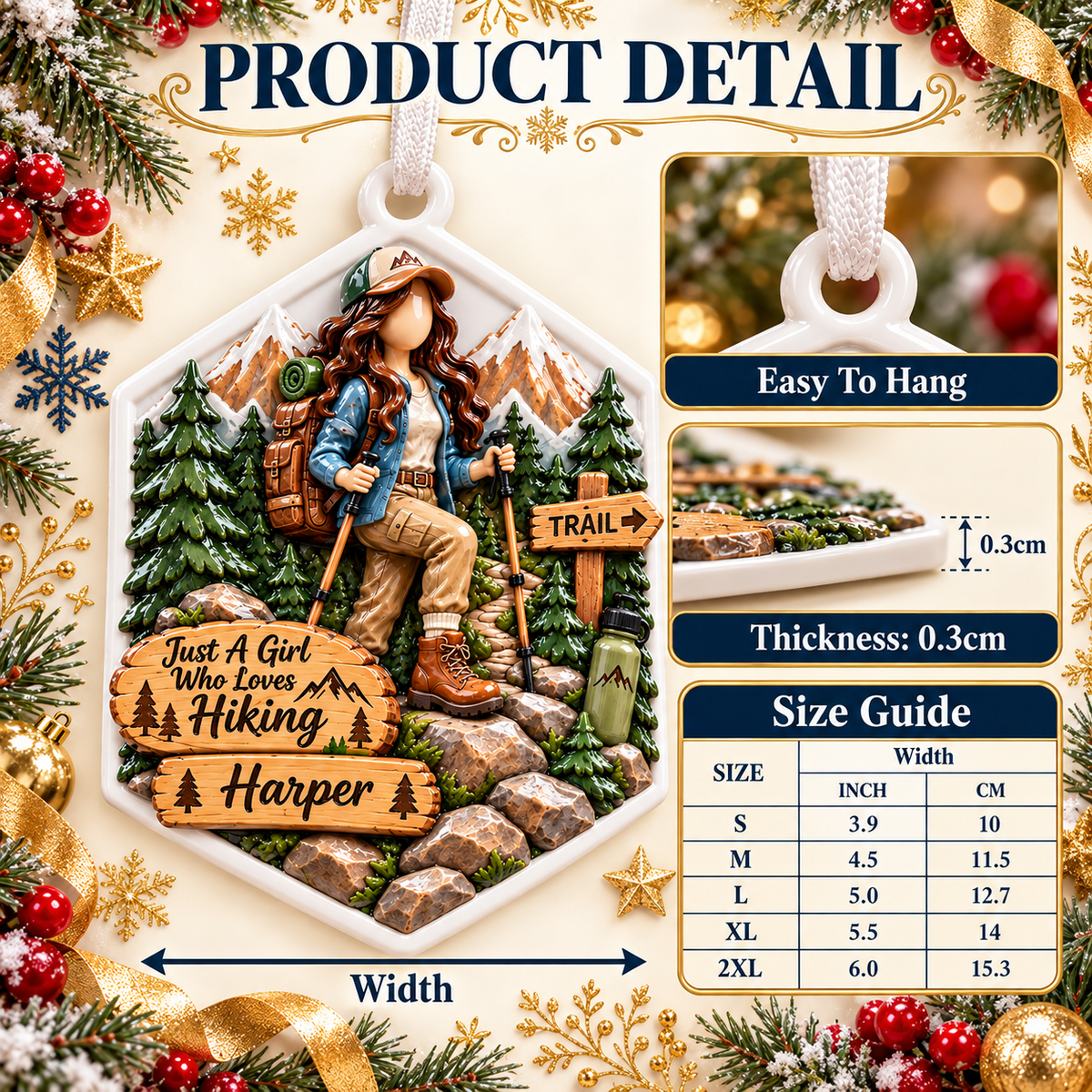 Hiking Girl Mountain Trail Hexagon Holiday Keepsake - 3D Relief Ornament