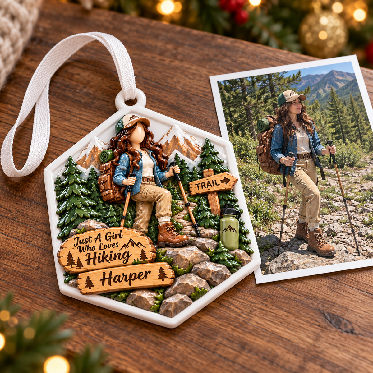 Hiking Girl Mountain Trail Hexagon Holiday Keepsake - 3D Relief Ornament
