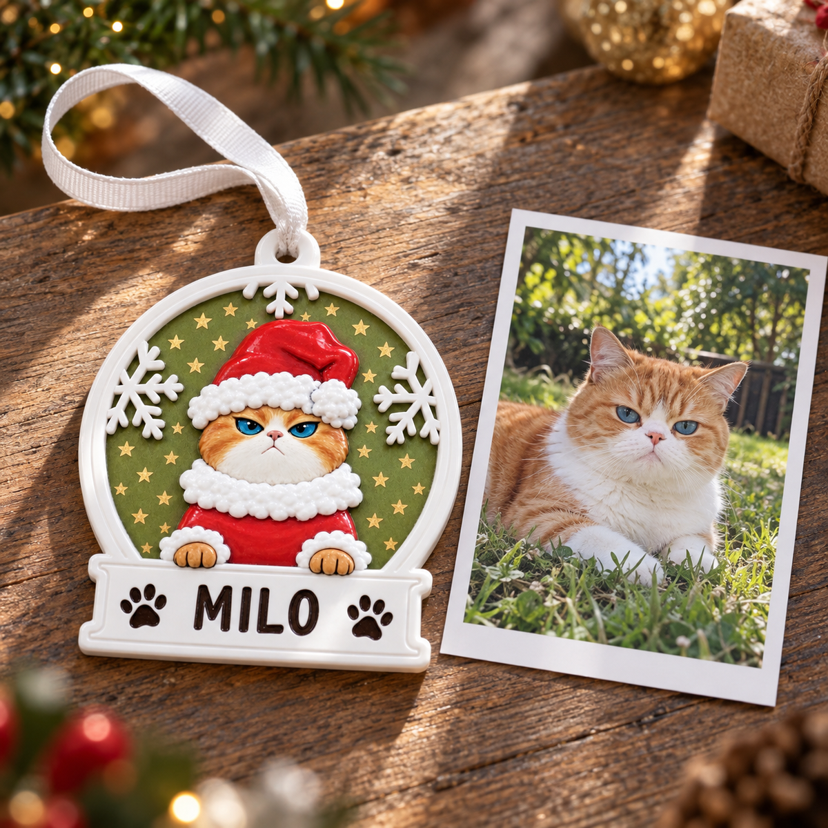 Scowling Orange Cat in Santa Hat Snow Globe Plaque Christmas Tree Hanging - 3D Relief Ornament