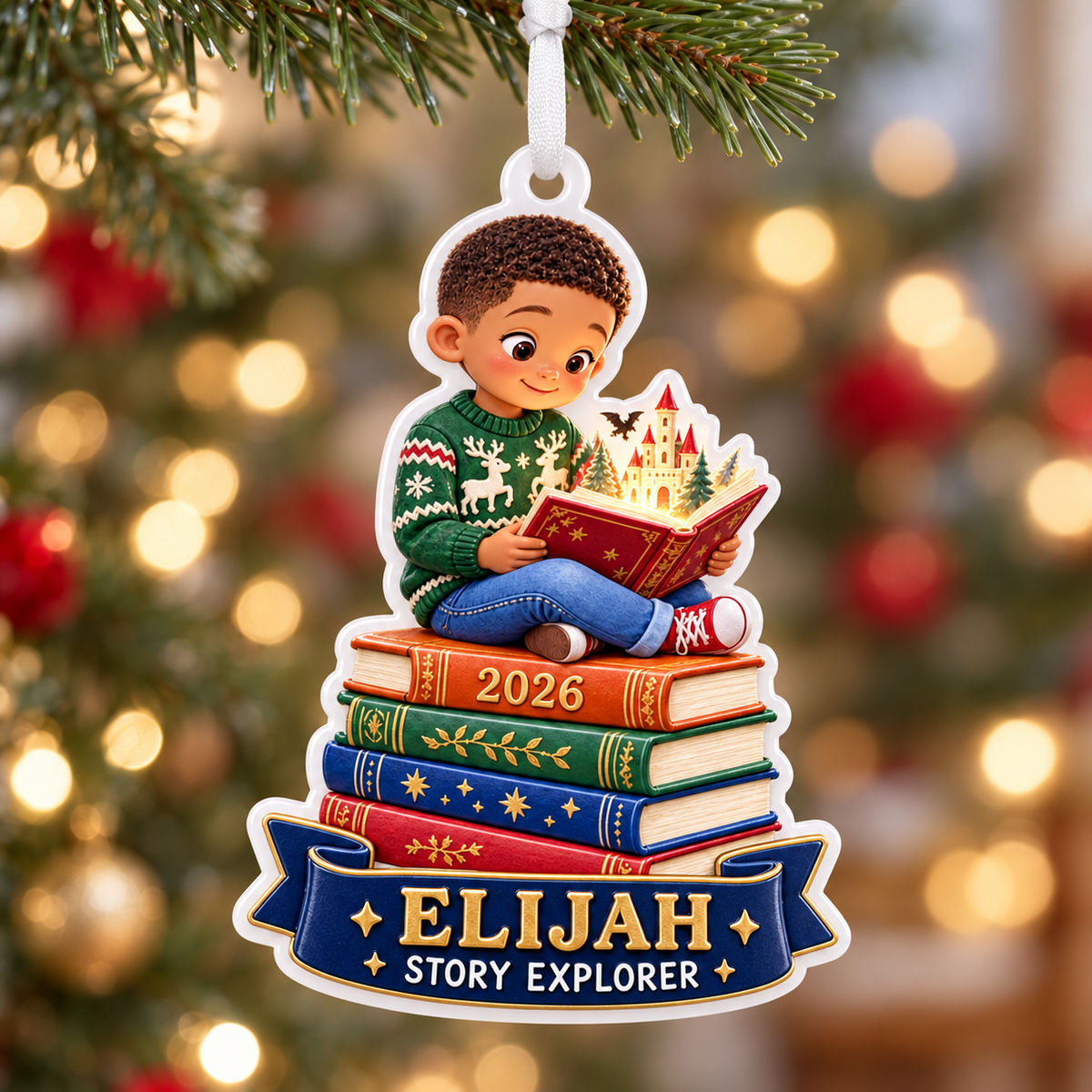 Boy Reading on Stack of Books Acrylic Holiday Keepsake - 3D Relief Ornament