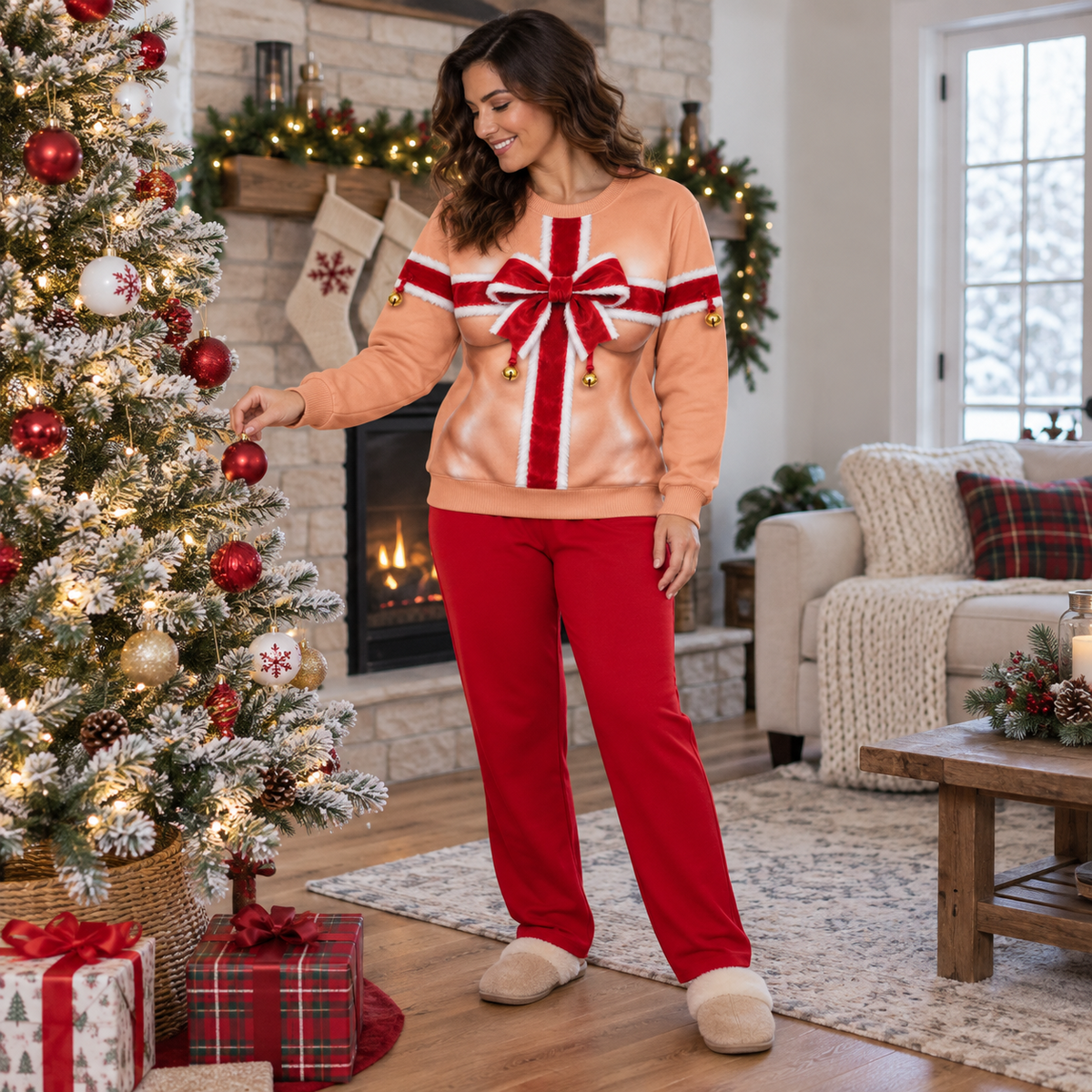 Funny Christmas Sweatshirt, Ribbon Bow Graphic Crewneck Pullover