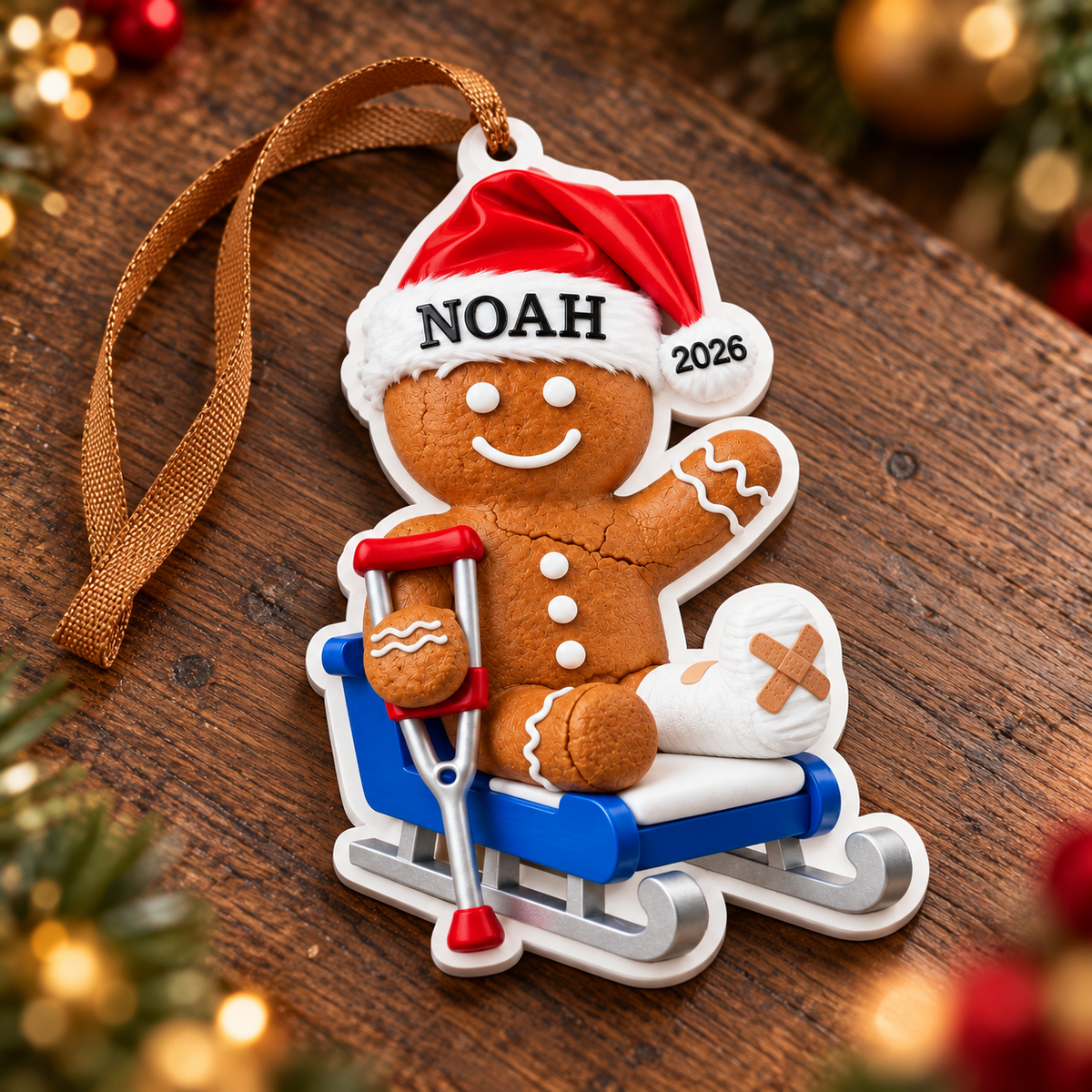 Gingerbread Man with Leg Cast and Crutch on Sled Holiday Keepsake - 3D Relief Ornament