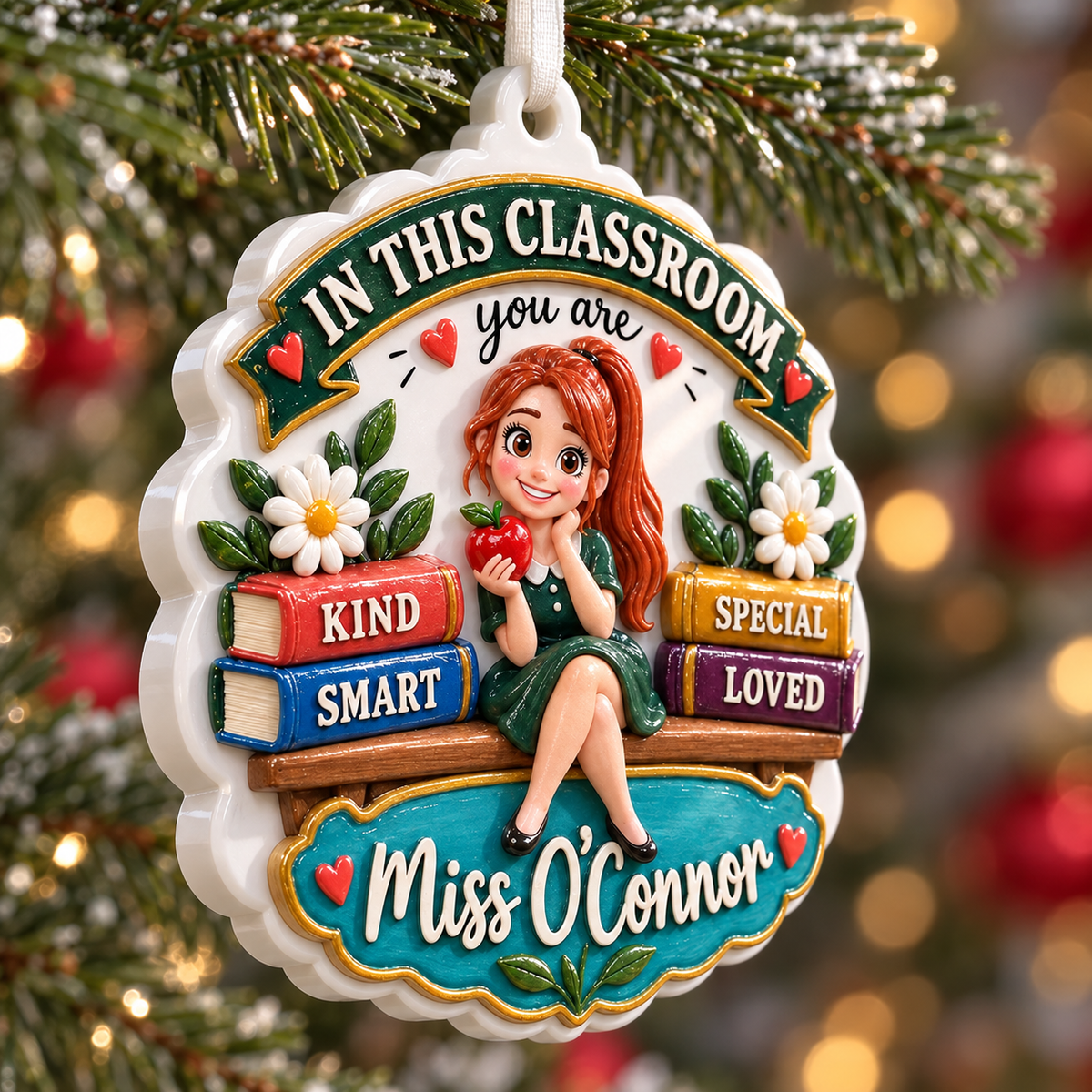 Classroom Teacher Hanging Keepsake with Stacked Books and Red Apple - 3D Relief Ornament
