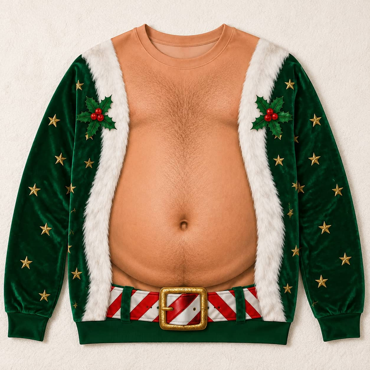 Funny Ugly Christmas Sweatshirt Fake Bare Chest Belly Graphic Crewneck