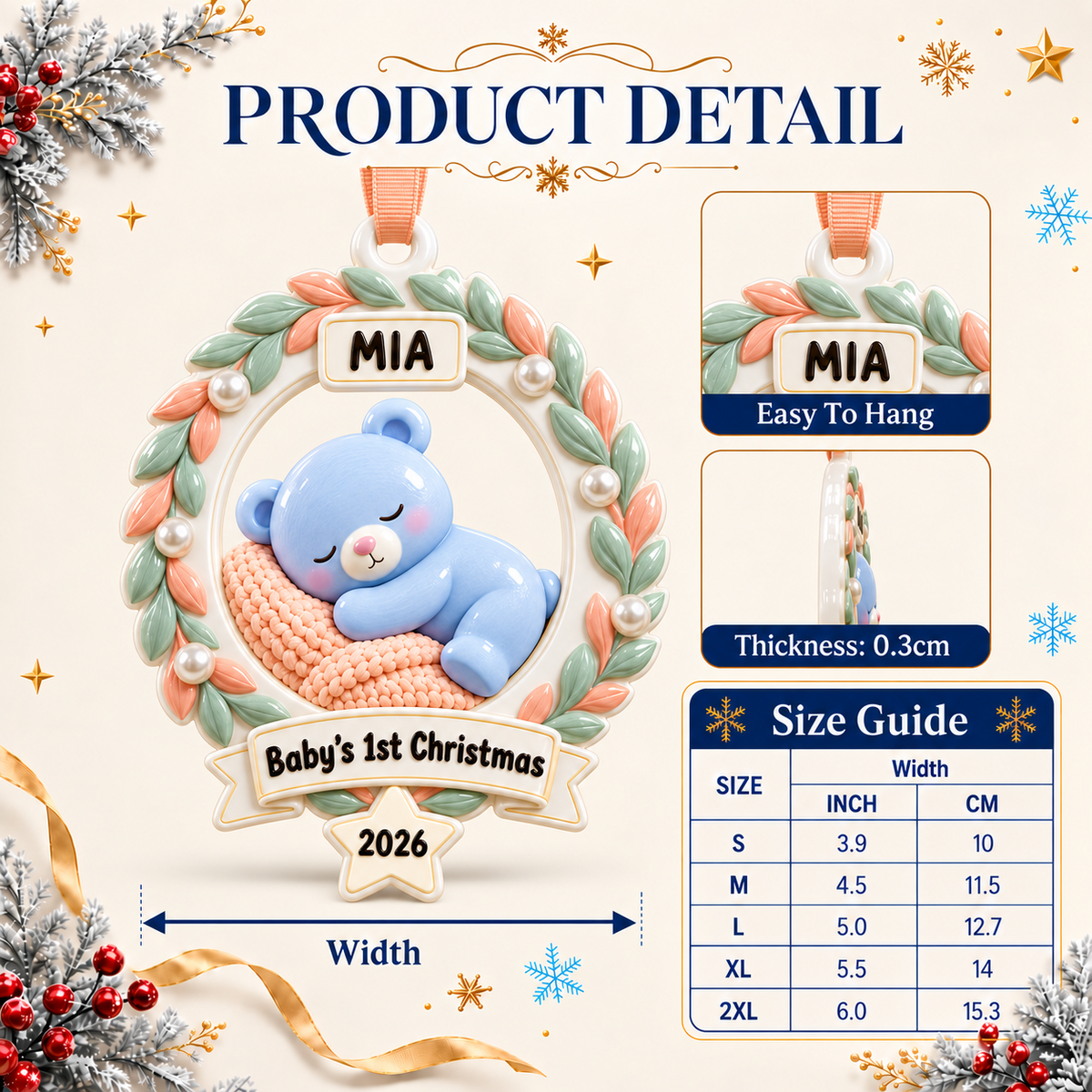 Baby First Christmas Round Picture Frame with Pastel Foliage Wreath - 3D Relief Ornament