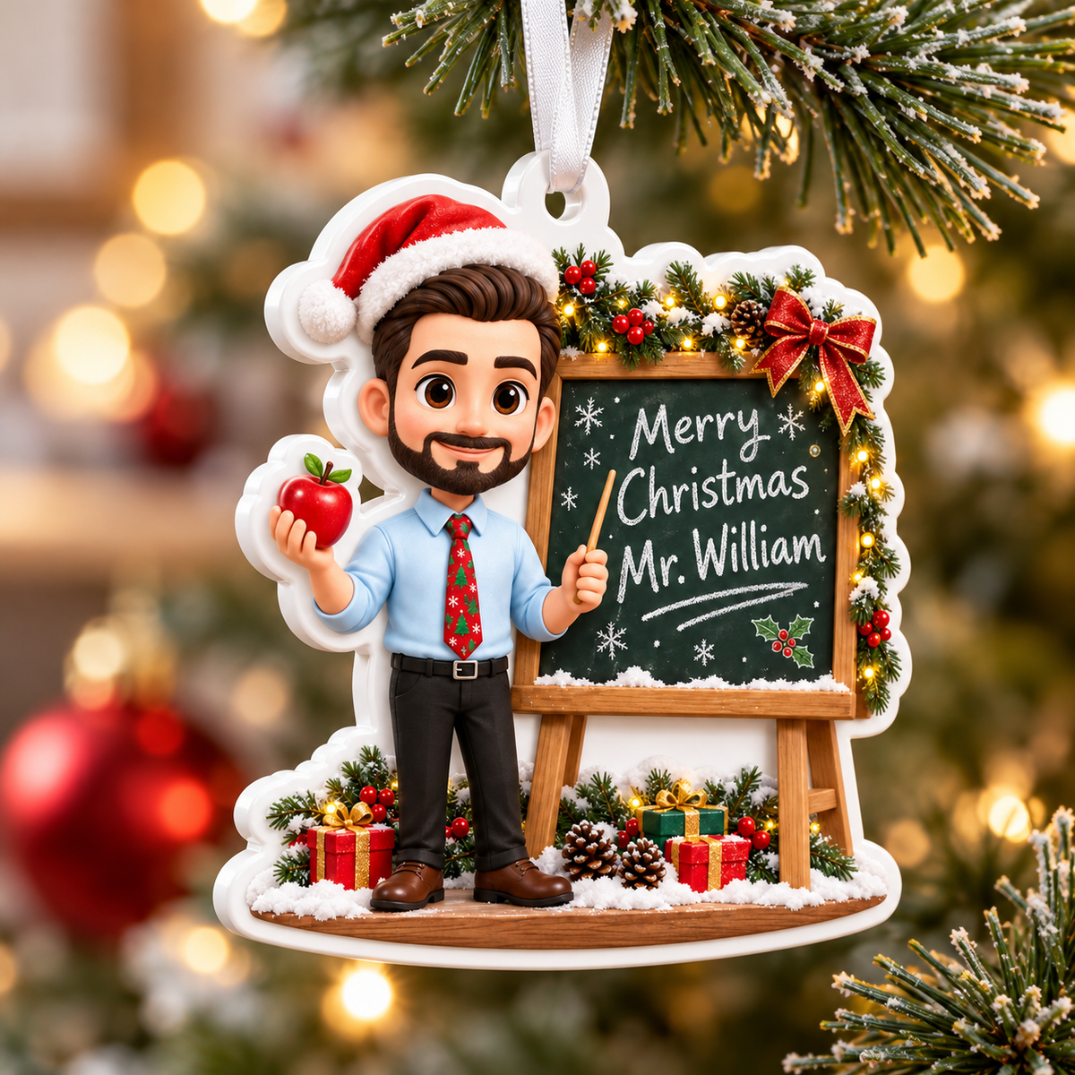Male Teacher Chalkboard Holiday Acrylic Hanging Decoration - 3D Relief Ornament