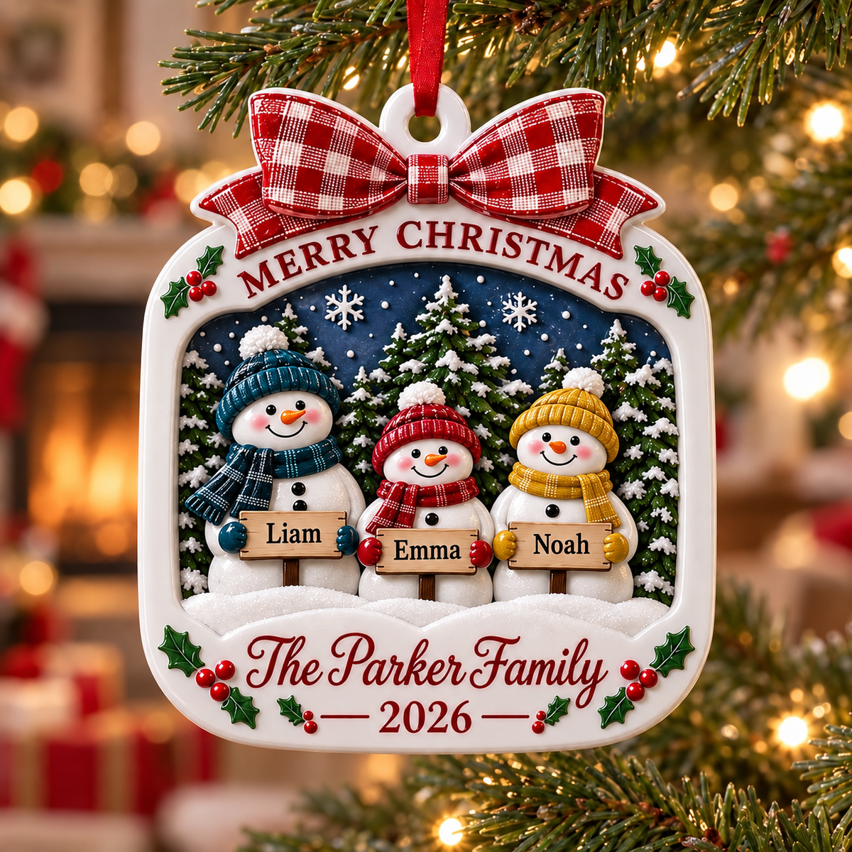 Snowman Family of 4 Christmas Tree Decoration with Red Plaid Bow - 3D Relief Ornament