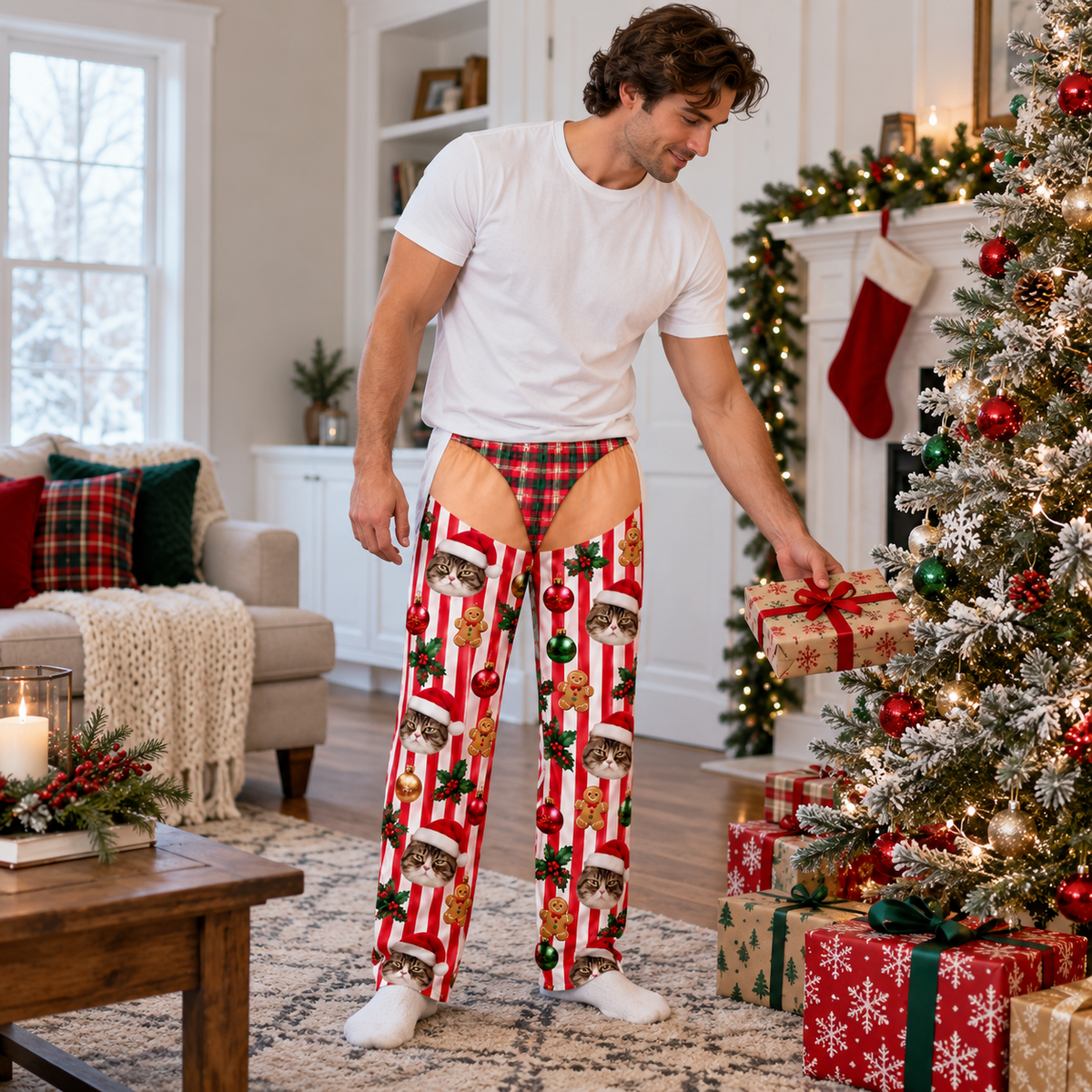 Christmas Pajama Pants with Thong Print and Holiday Dog Face Pattern