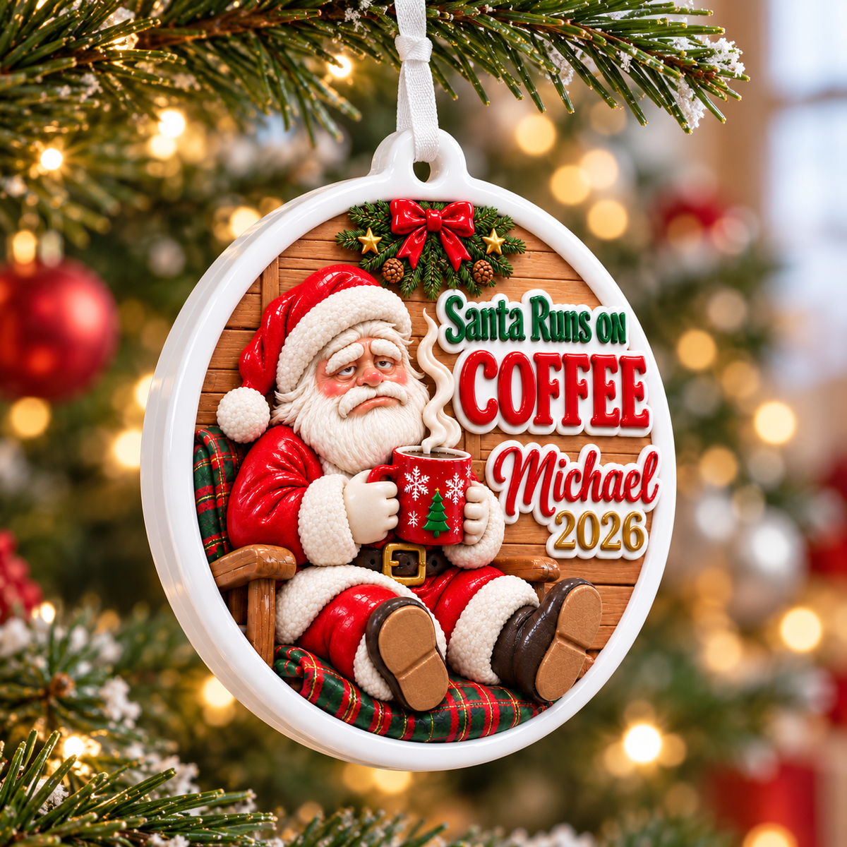 Santa Runs On Coffee Tired Holiday Medallion Hanging Keepsake - 3D Relief Ornament