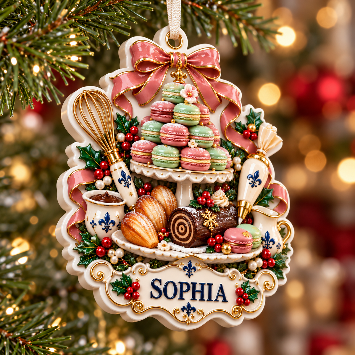 French Bakery Macaron Tower and Pastry Holiday Keepsake - 3D Relief Ornament