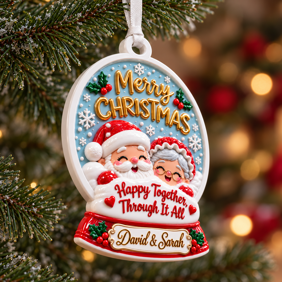 Couple Snow Globe Hanging Holiday Keepsake, Winter Theme Acrylic Medallion - 3D Relief Ornament