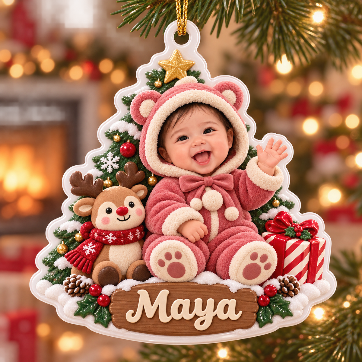 Baby Girl First Christmas Tree Plaque with Reindeer and Teddy Bear Suit - 3D Relief Ornament