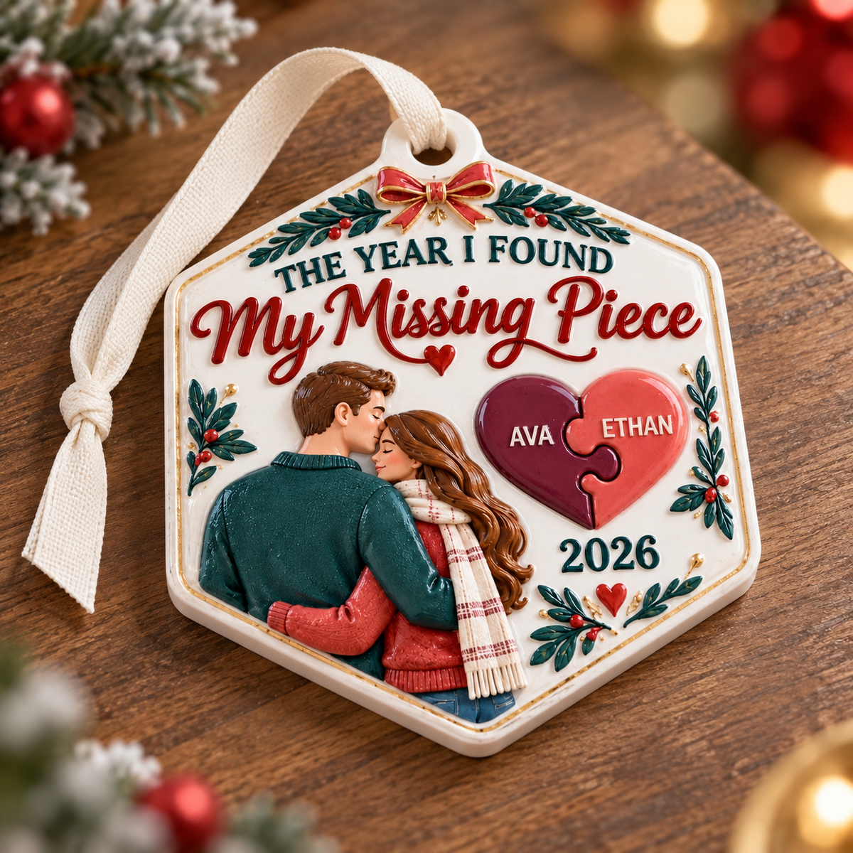 Couple Missing Piece Puzzle Heart Hexagonal Christmas Tree Keepsake - 3D Relief Ornament