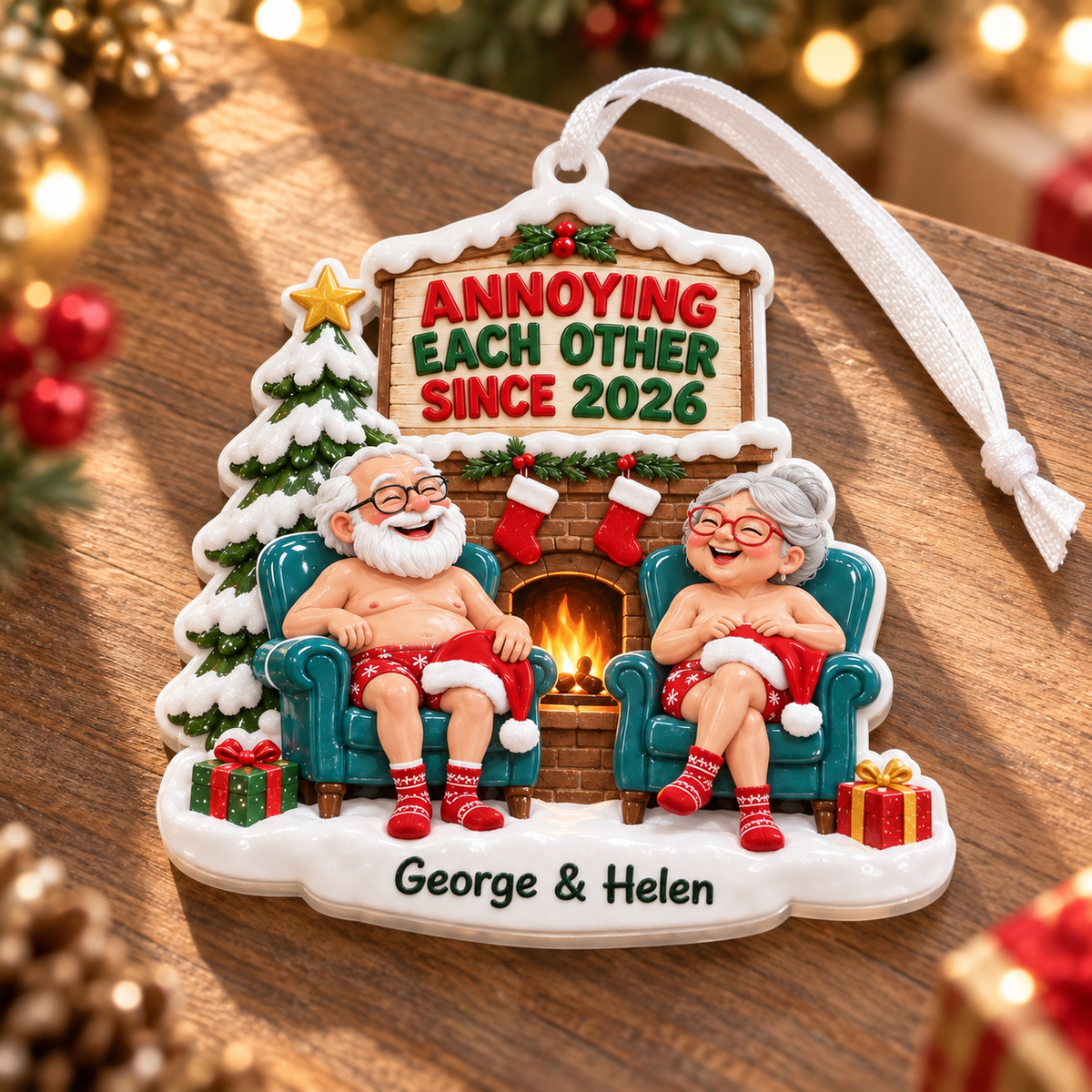 Christmas Couple Fireplace Holiday Tree Hanging Keepsake Decor - 3D Relief Ornament