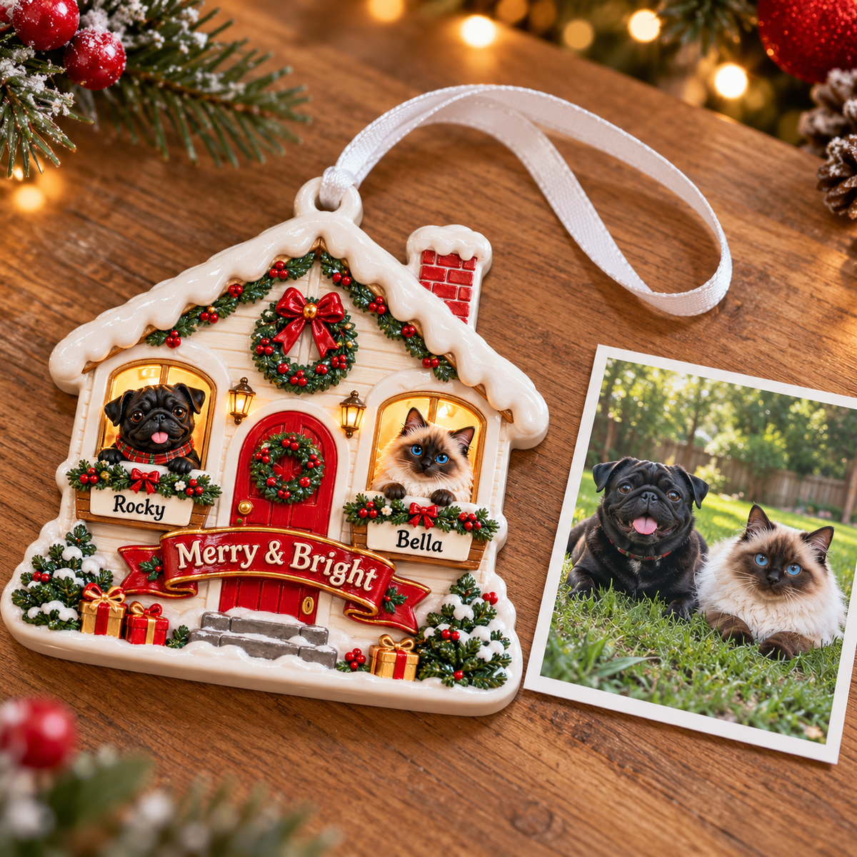 Winter Cottage Dog and Cat Holiday Keepsake Plaque - 3D Relief Ornament