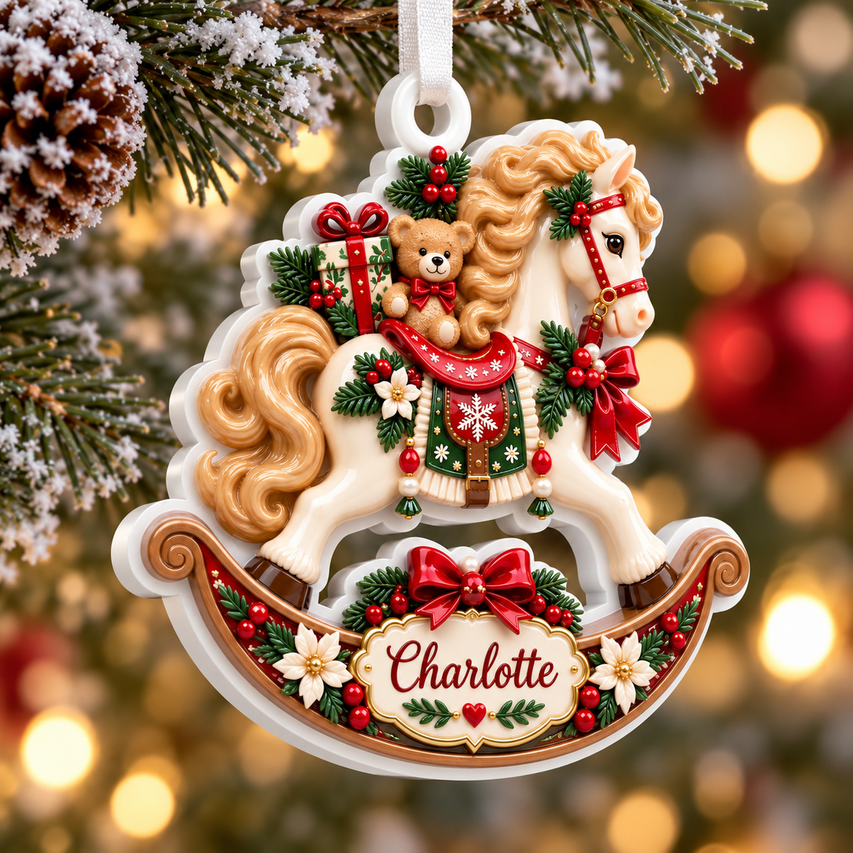 Vintage Rocking Horse with Teddy Bear and Christmas Holly Accent - 3D Relief Ornament