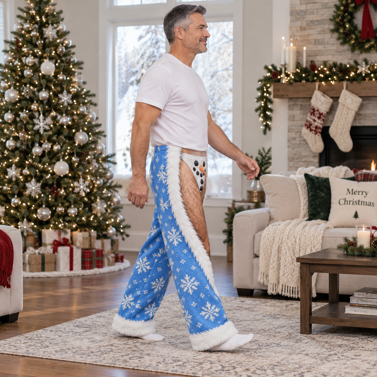 Novelty Christmas Chaps Blue Snowflake Fur Trim Holiday Pants