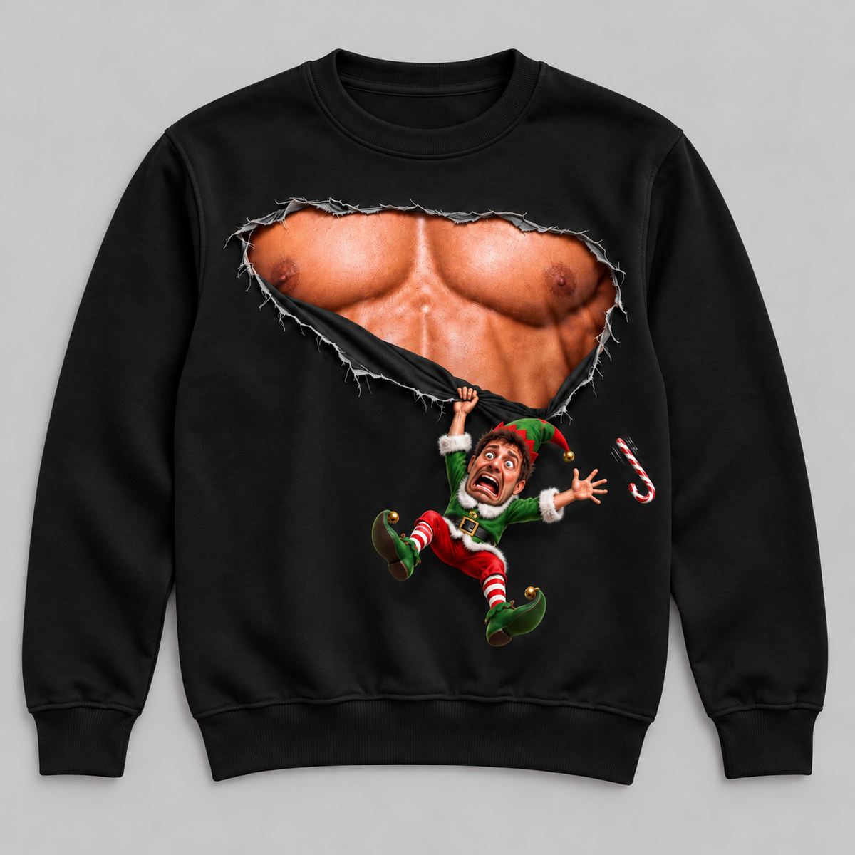 Christmas Sweatshirt with Ripped Muscular Chest Falling Elf Graphic
