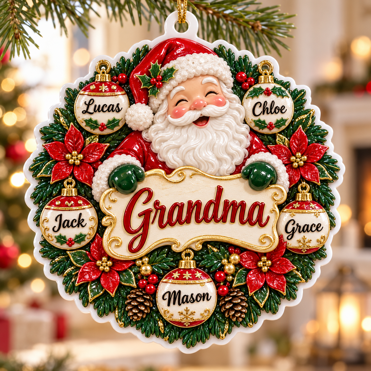 Scalloped Round White Tree Disc Acrylic Christmas Hanging Plaque - 3D Relief Ornament