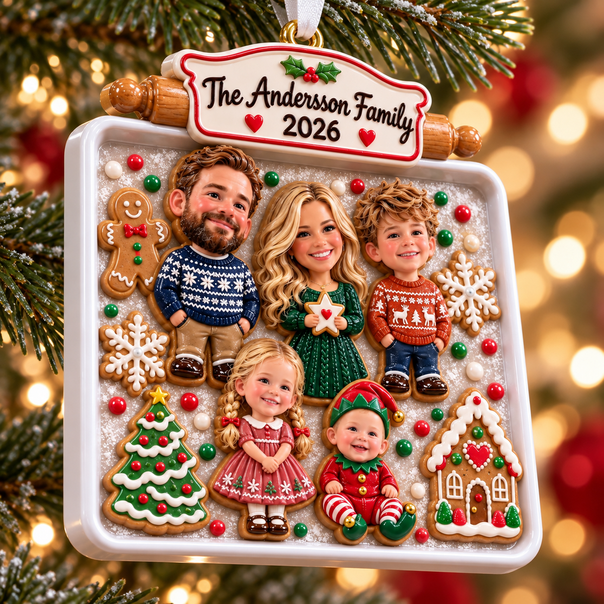 Baking Sheet Gingerbread Family of Five Holiday Keepsake - 3D Relief Ornament