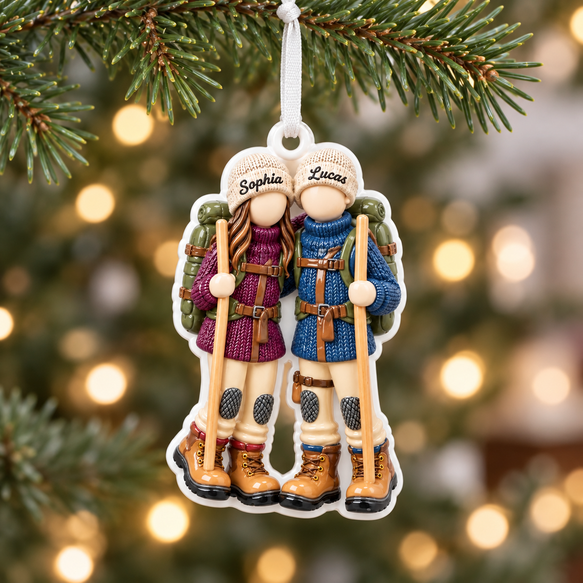 Hiking Couple with Backpacks and Trekking Poles Acrylic Hanging Keepsake - 3D Relief Ornament