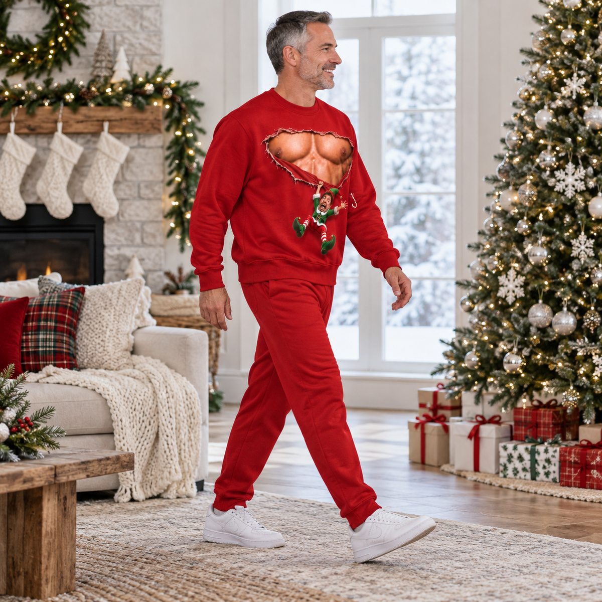 Christmas Sweatshirt with Ripped Muscular Chest Falling Elf Graphic