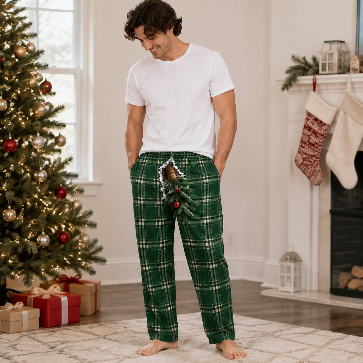 Mens Christmas Pajama Pants Red Plaid 3D Reindeer Nose Holiday Bottoms