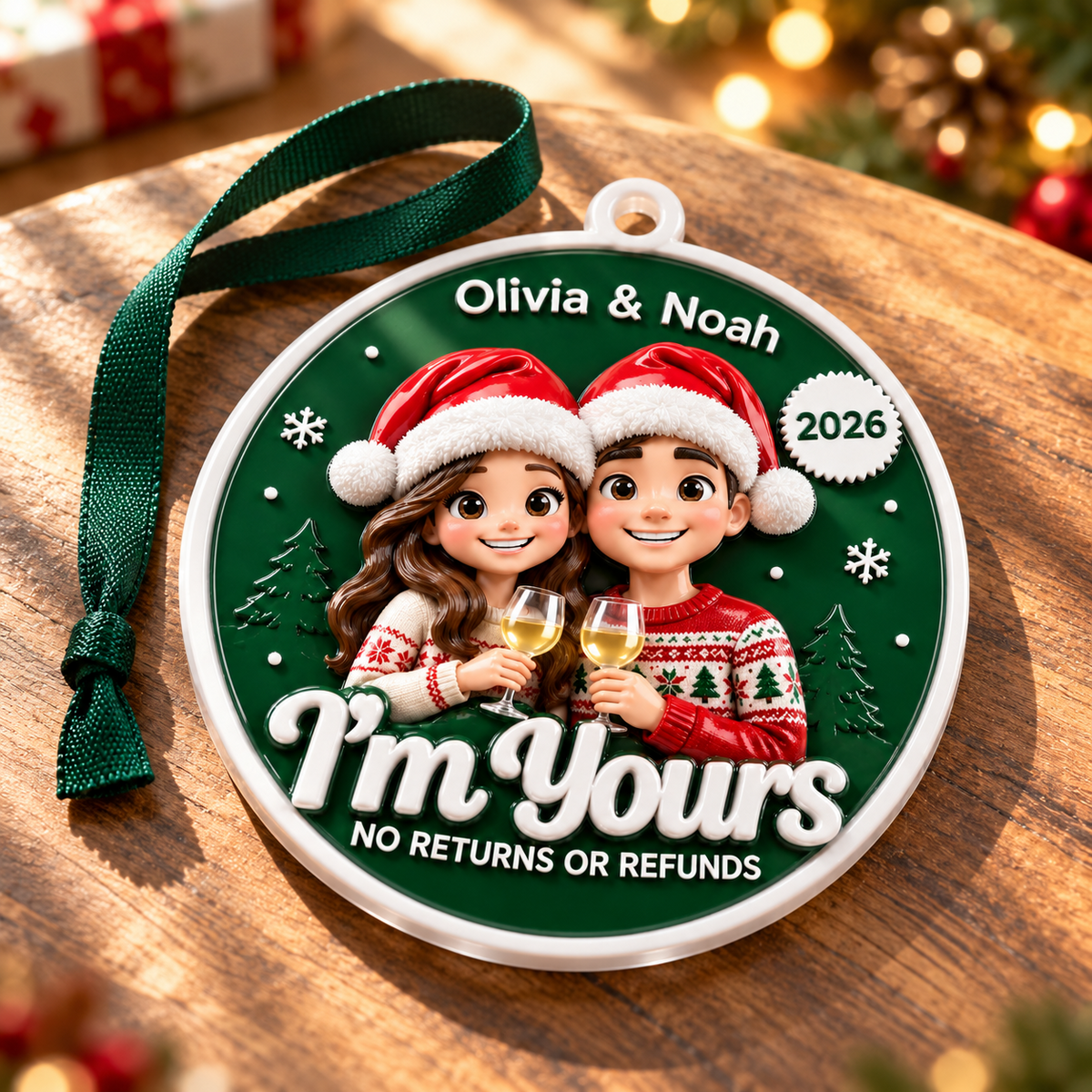 Couple Christmas Tree Hanging Disc, Im Yours Wine Toast Holiday Keepsake - 3D Relief Ornament