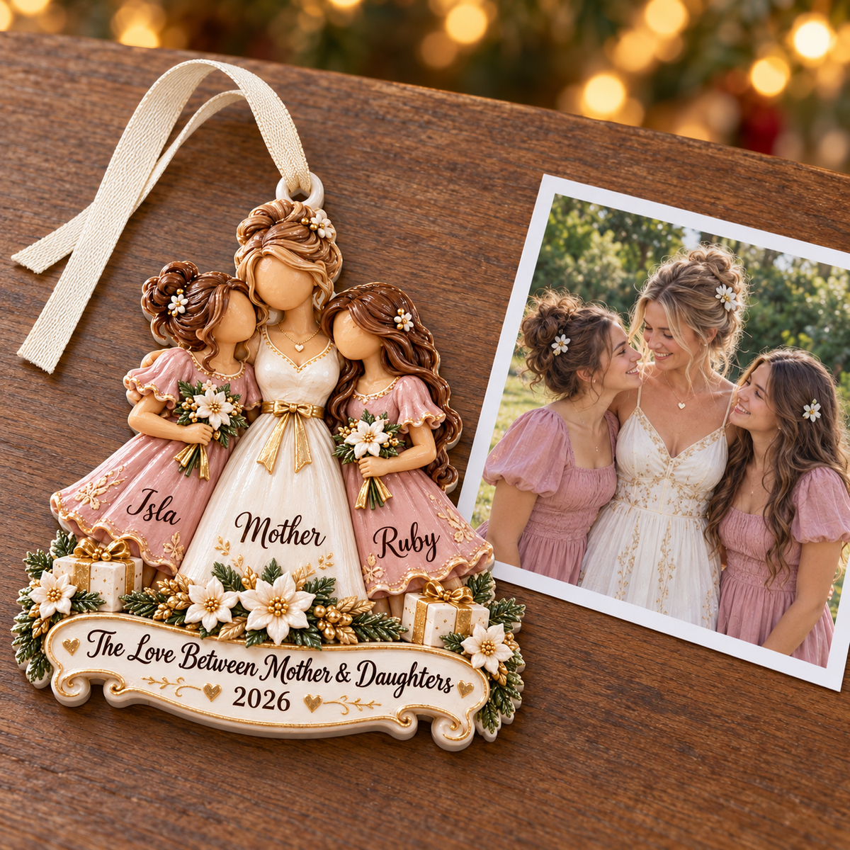 Mother and Two Daughters Holiday Keepsake with Ribbon Hanging - 3D Relief Ornament