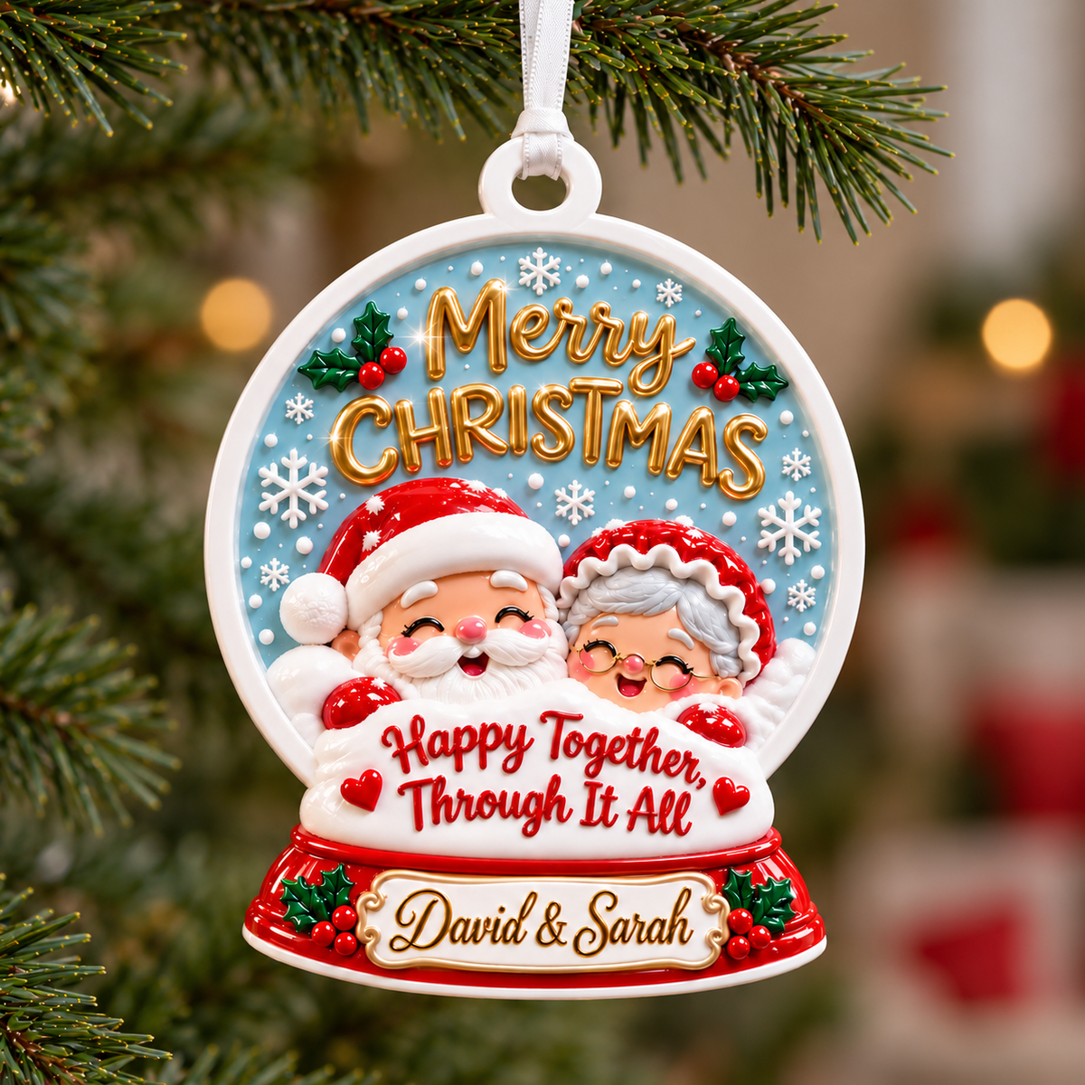 Couple Snow Globe Hanging Holiday Keepsake, Winter Theme Acrylic Medallion - 3D Relief Ornament
