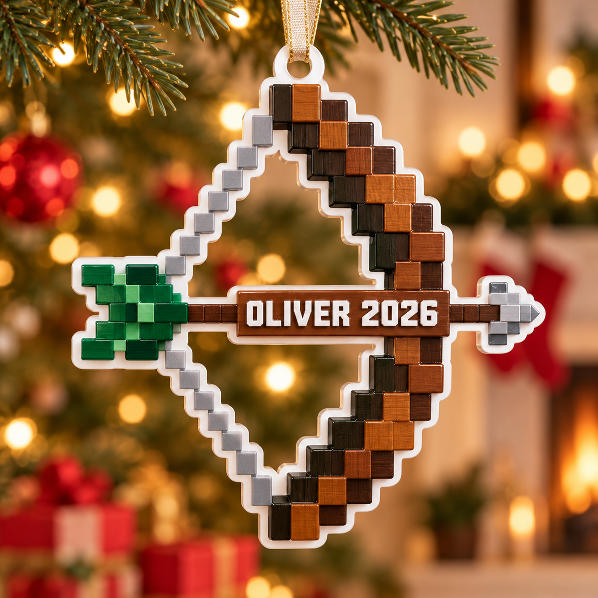 Pixel Art Bow and Arrow Holiday Tree Hanging Decor - 3D Relief Ornament