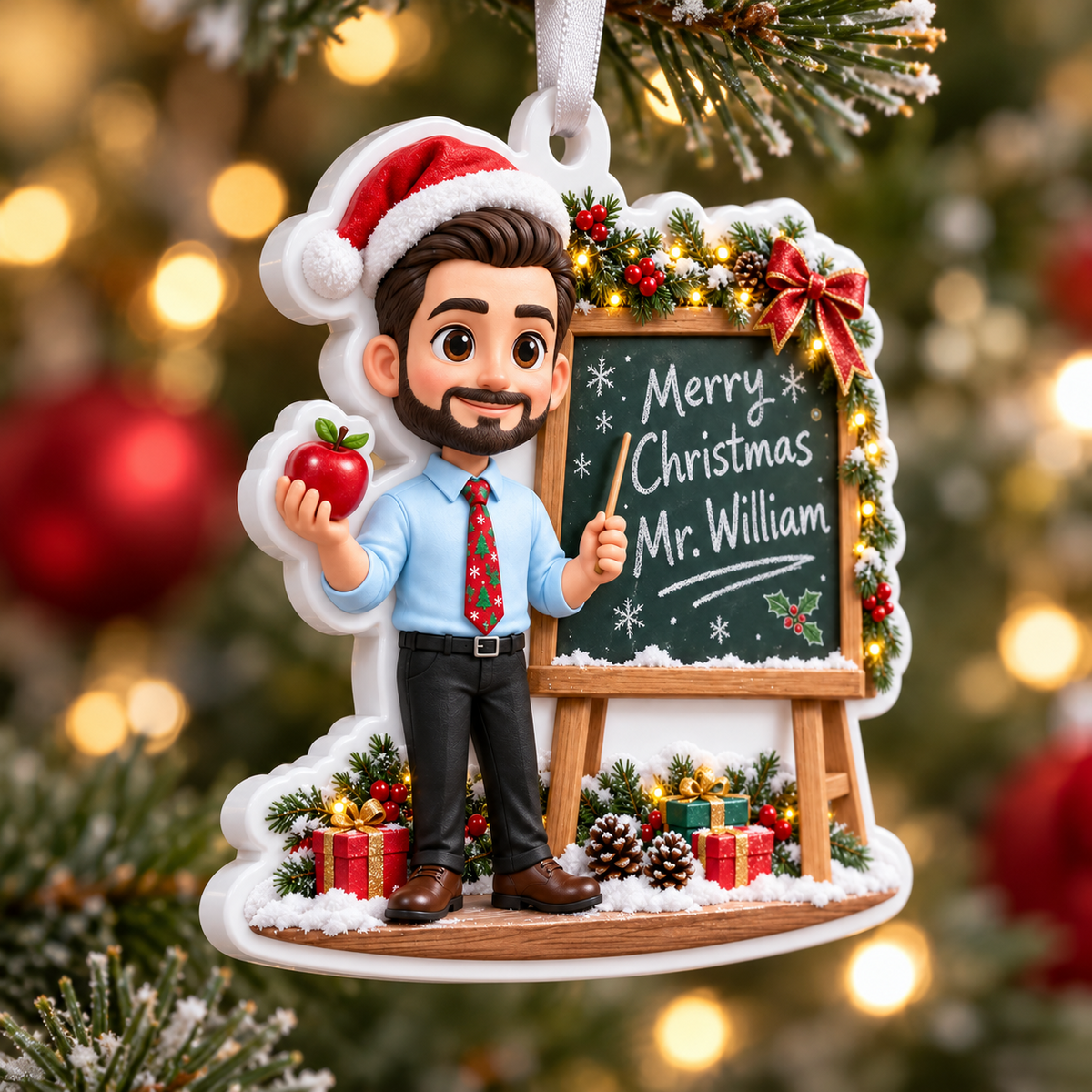 Male Teacher Chalkboard Holiday Acrylic Hanging Decoration - 3D Relief Ornament