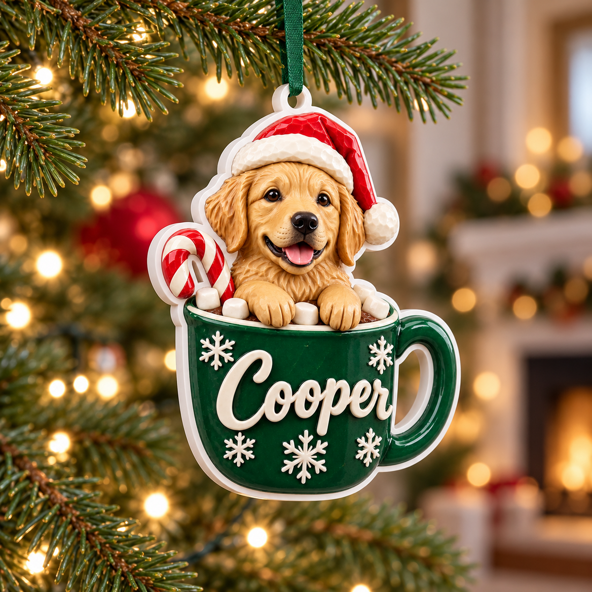 Golden Retriever Puppy in Cocoa Mug Christmas Tree Hanging Decor - 3D Relief Ornament