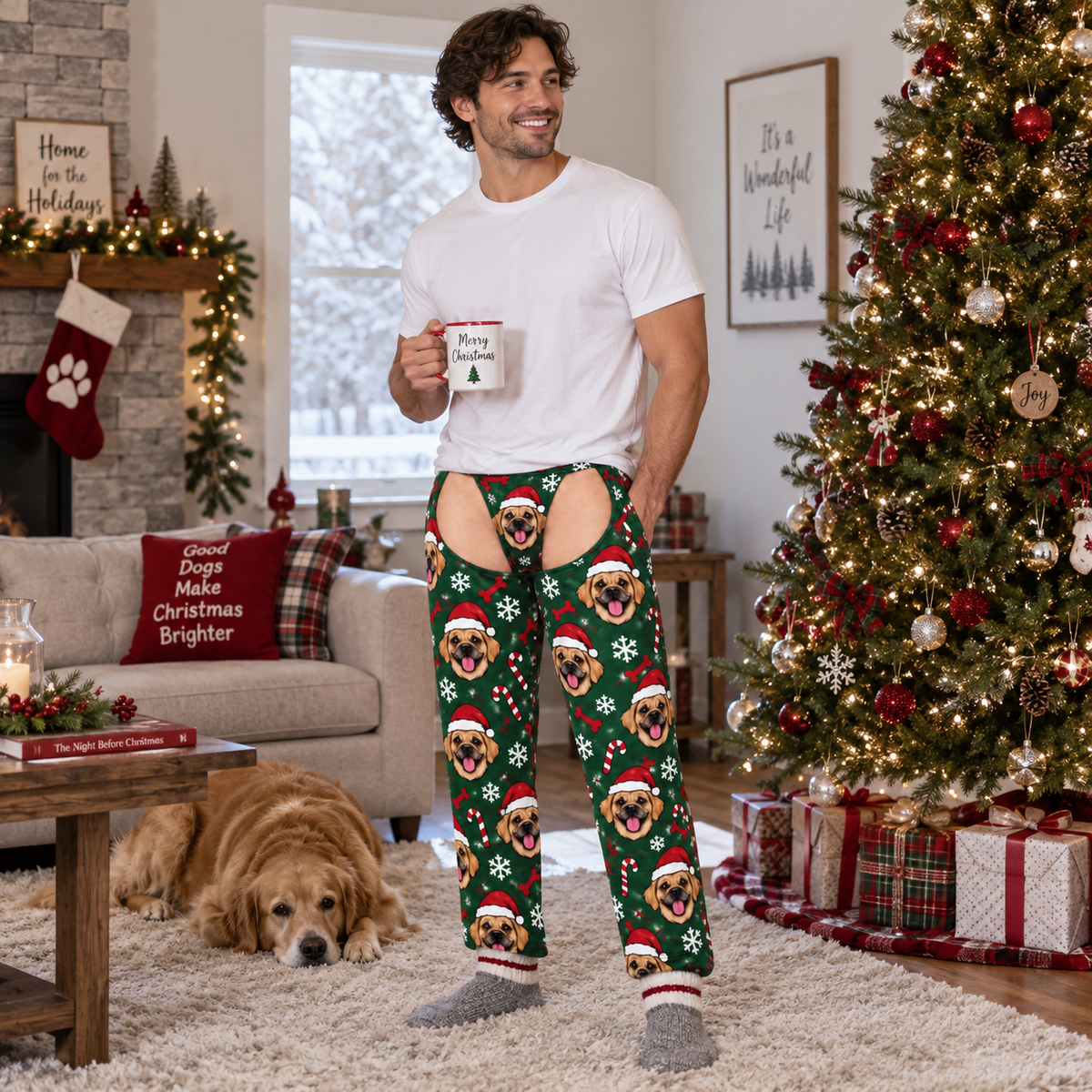 Men's Christmas Corgi Cutout Pajama Pants Light Blue Novelty Chaps