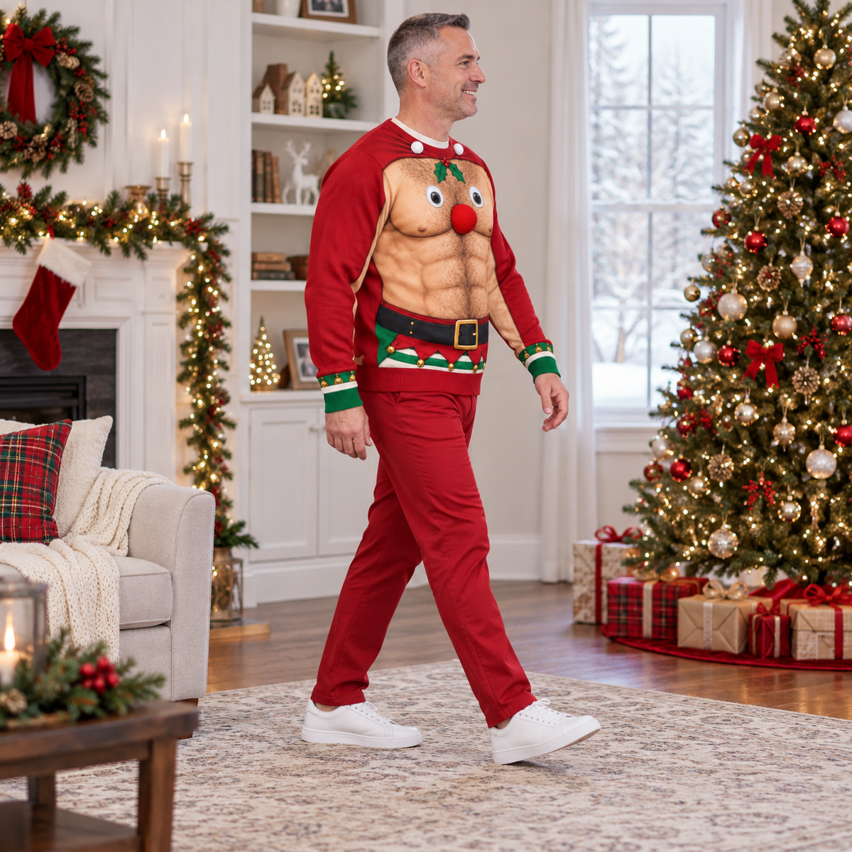Funny Christmas Sweatshirt Hairy Chest Muscle Reindeer Crewneck